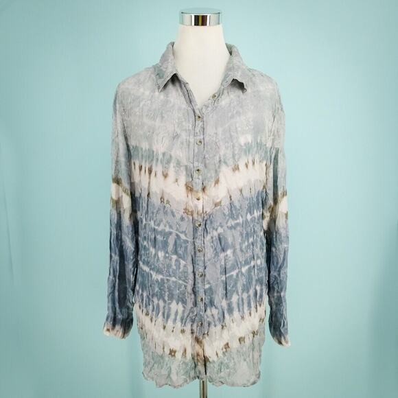 Soft Surroundings Size Large L Blue Tie Dye Button Long Sleeve Silk Tunic Top - Picture 1 of 6